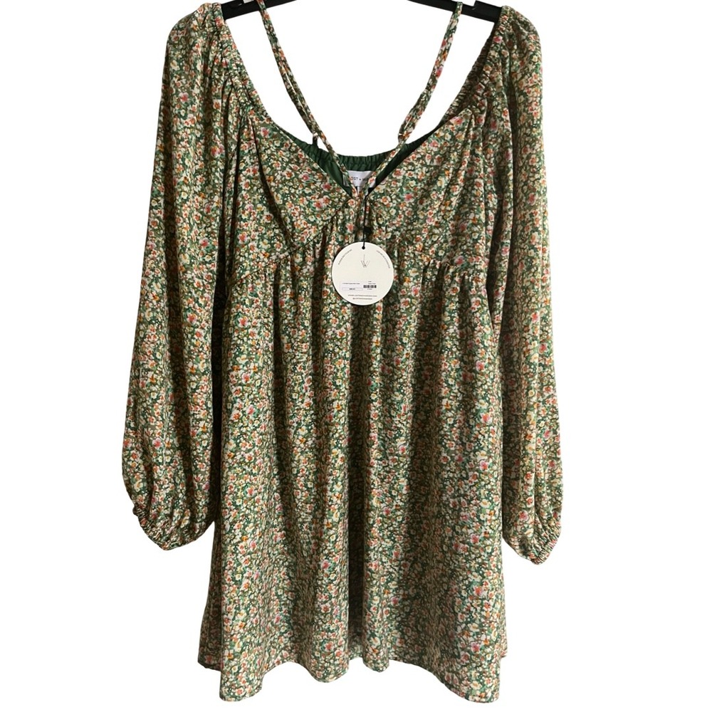 NWT Lost + Wander Wild Poppies Babydoll Mini Dress Green Floral Size Small - Picture 2 of 10